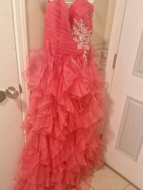 Grace Karin Coral Pink Ruffled Prom Gown with Silver Appliqué